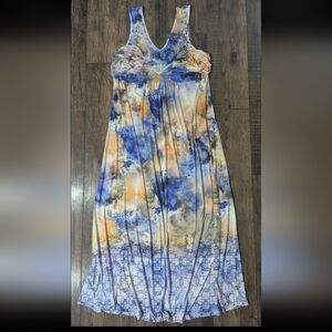 One World Womens Mermaid Core Orange & Blue Watercolor Print Maxi Dress Studs 1X